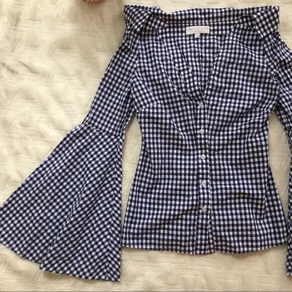 Caroline Constas Persephone Bell Sleeve Gingham Blouse - Picture 3 of 5